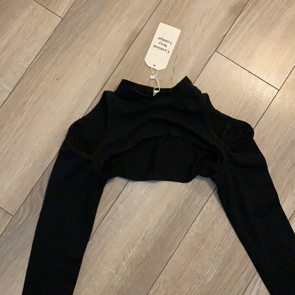 Black Cut Out Long Sleeve Pole Dancing Crop Top - Picture 3 of 6